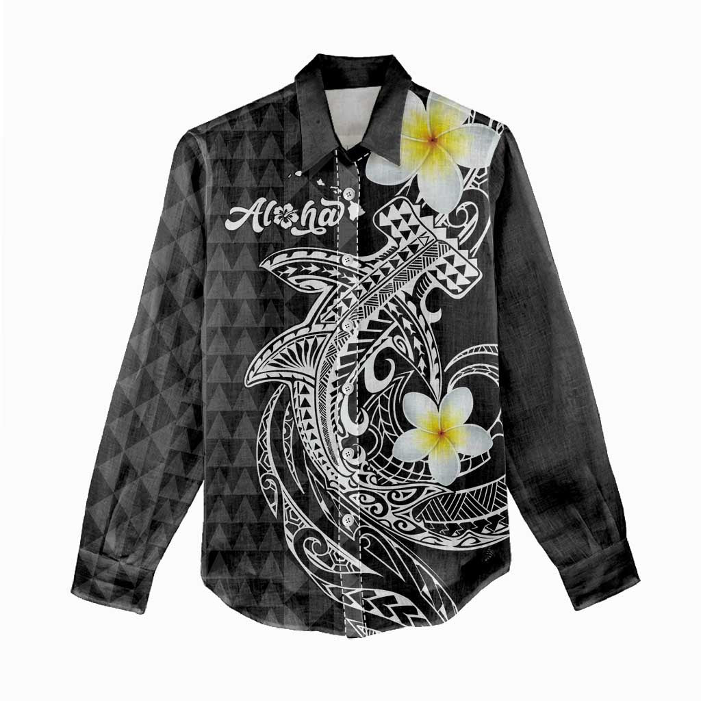 Aloha Hammerhead Shark Women Casual Shirt Black Hawaiian Kakau Tribal Tattoo