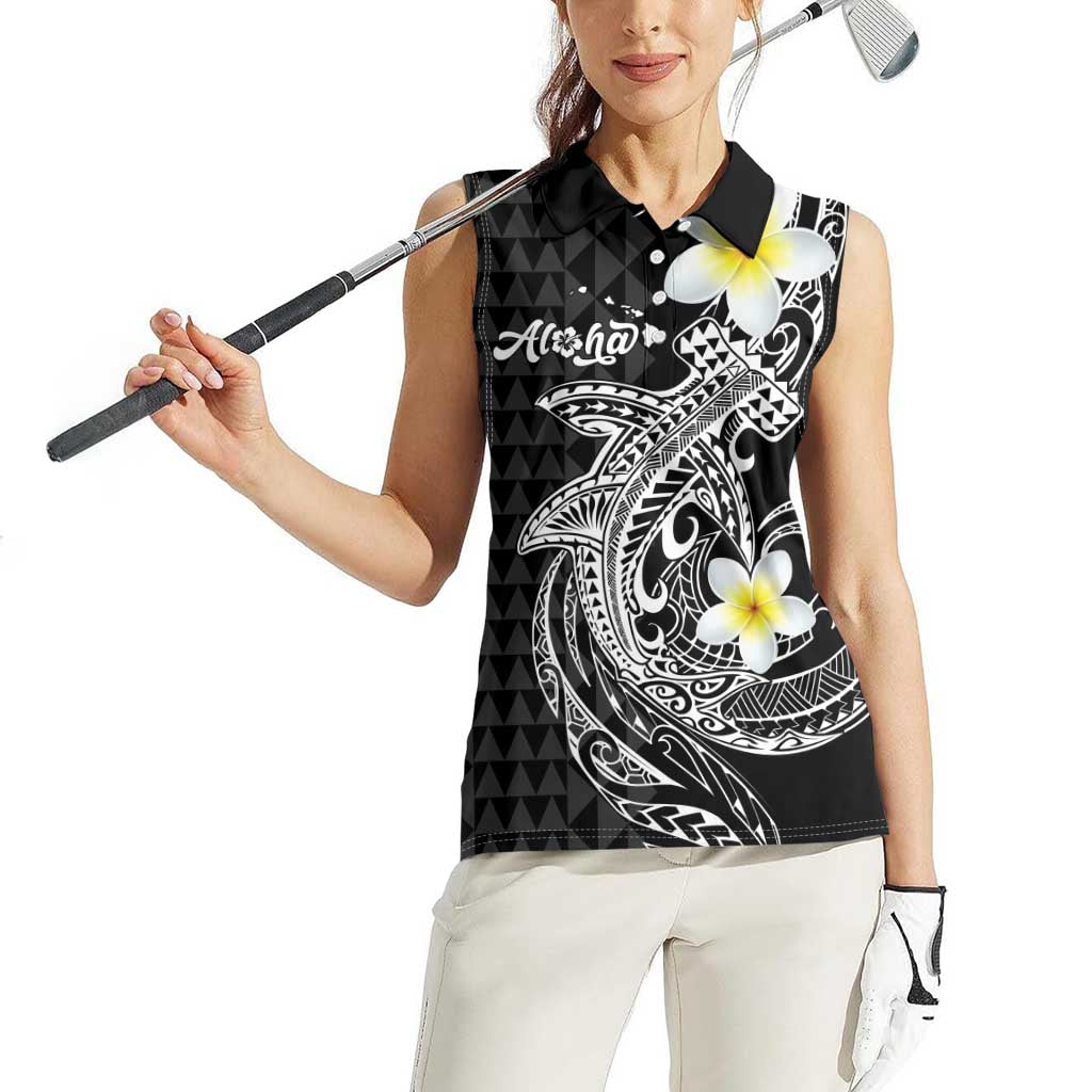 Aloha Hammerhead Shark Women Sleeveless Polo Shirt Black Hawaiian Kakau Tribal Tattoo