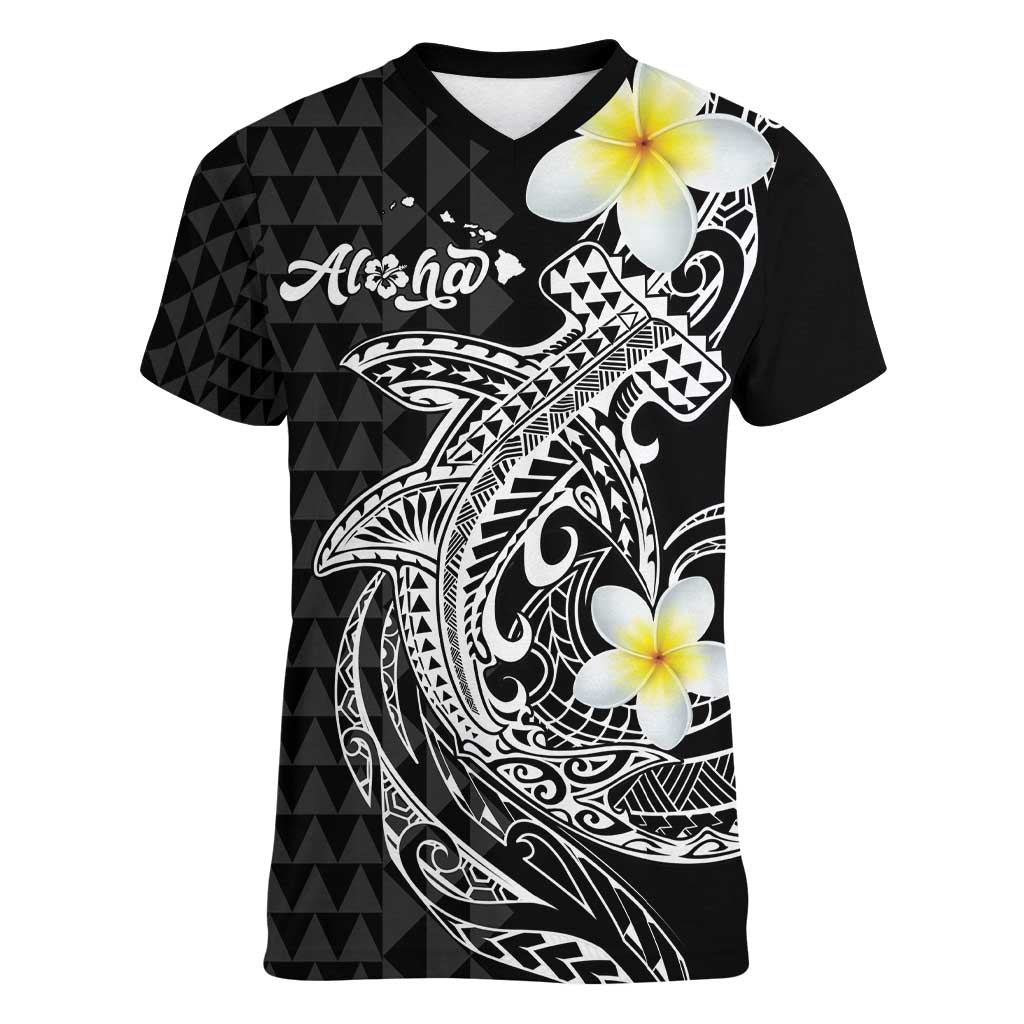 Aloha Hammerhead Shark Women V-Neck T-Shirt Black Hawaiian Kakau Tribal Tattoo