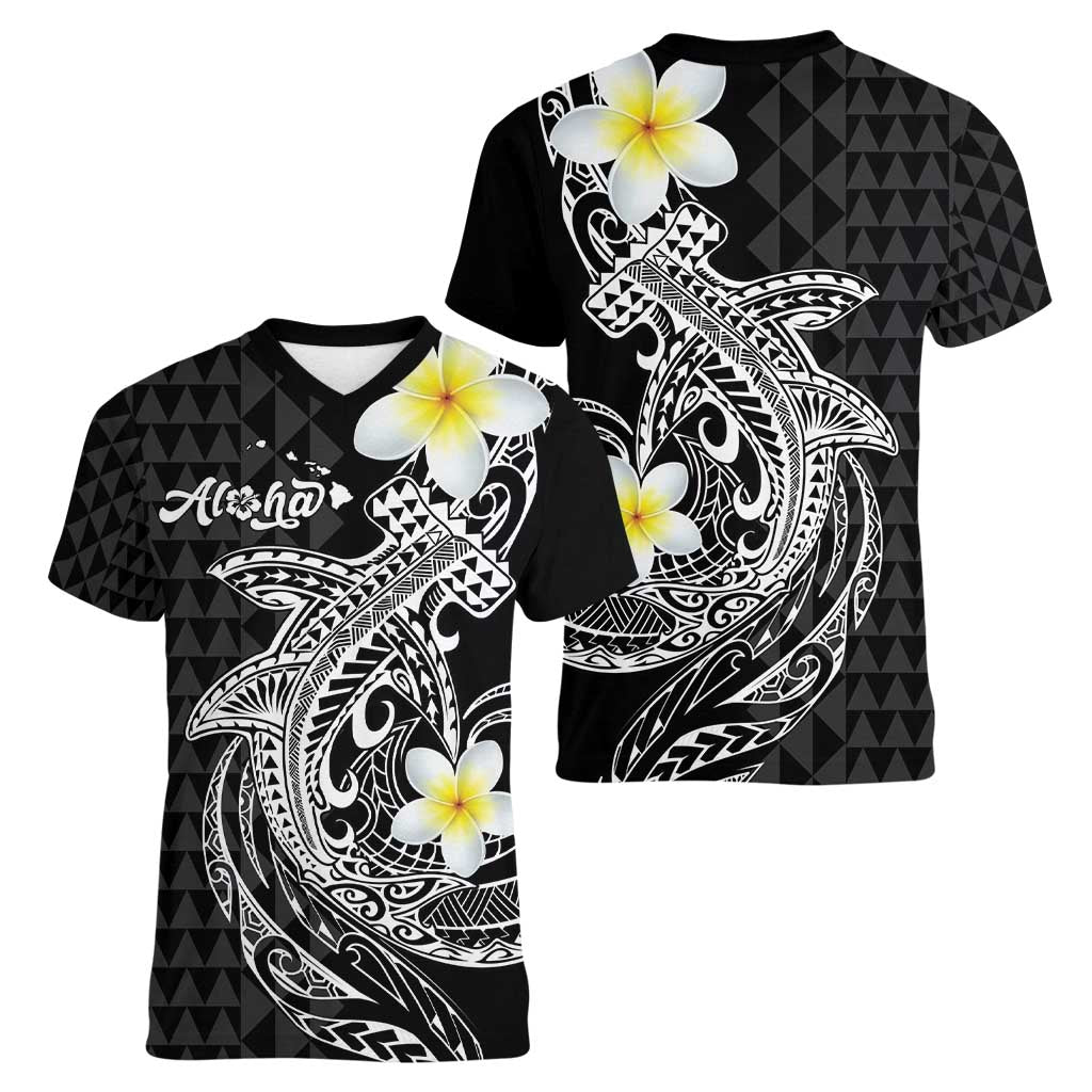 Aloha Hammerhead Shark Women V-Neck T-Shirt Black Hawaiian Kakau Tribal Tattoo