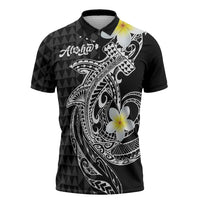 Aloha Hammerhead Shark Zipper Polo Shirt Black Hawaiian Kakau Tribal Tattoo - Polynesian Pride