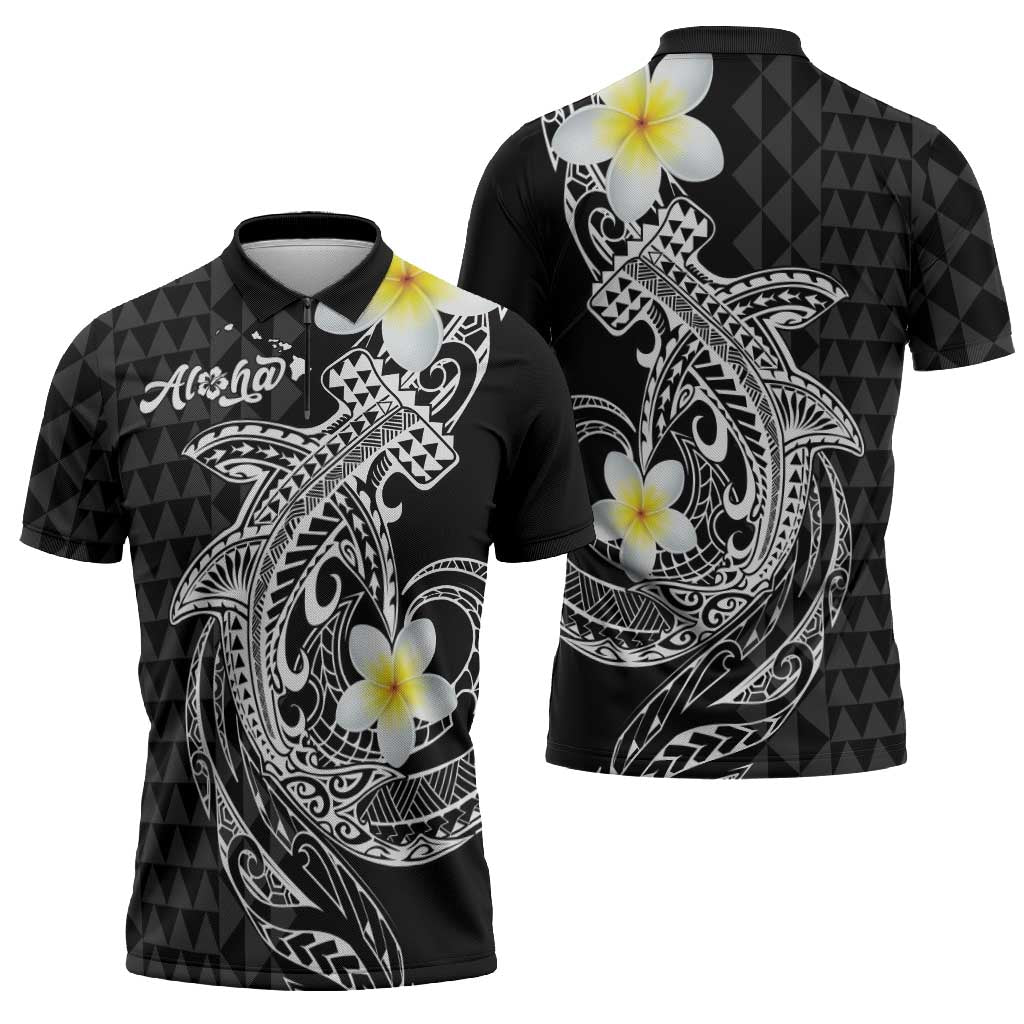 Aloha Hammerhead Shark Zipper Polo Shirt Black Hawaiian Kakau Tribal Tattoo - Polynesian Pride
