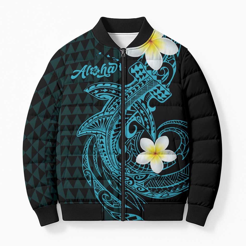 Aloha Hammerhead Shark Bomber Puffer Jacket Calypso Hawaiian Kakau Tribal Tattoo LT9 Unisex Blue - Polynesian Pride