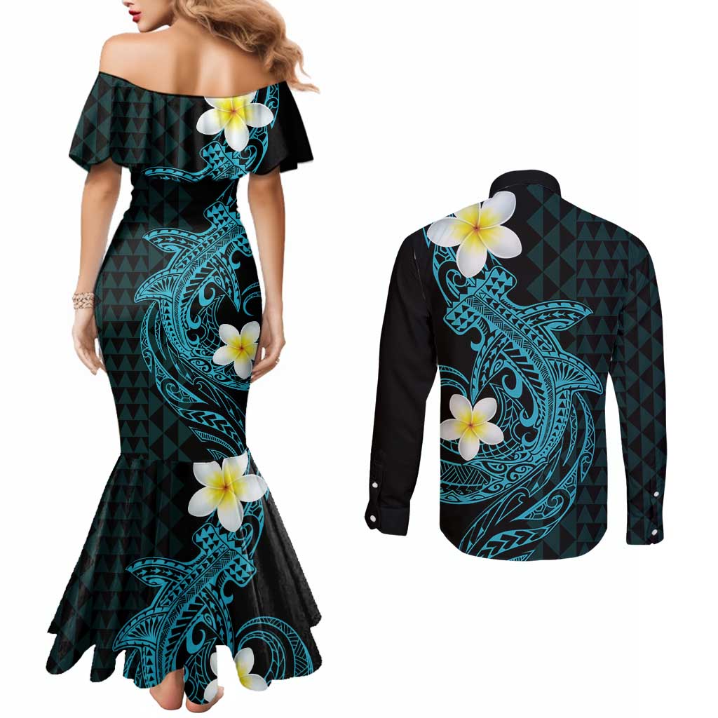 Aloha Hammerhead Shark Couples Matching Mermaid Dress and Long Sleeve Button Shirt Calypso Hawaiian Kakau Tribal Tattoo