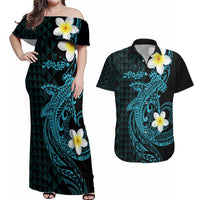 Aloha Hammerhead Shark Couples Matching Off Shoulder Maxi Dress and Hawaiian Shirt Calypso Hawaiian Kakau Tribal Tattoo LT9 Blue - Polynesian Pride