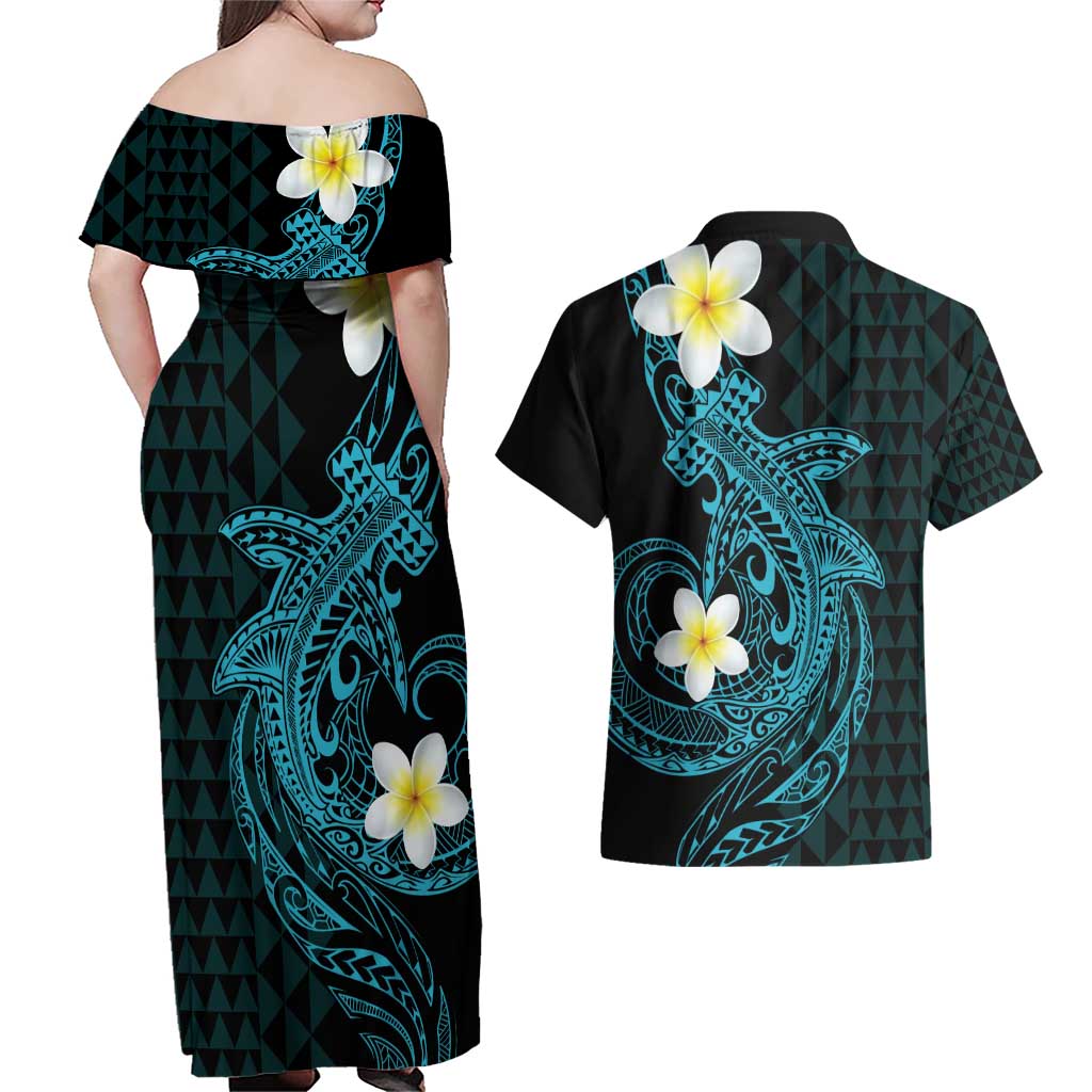 Aloha Hammerhead Shark Couples Matching Off Shoulder Maxi Dress and Hawaiian Shirt Calypso Hawaiian Kakau Tribal Tattoo LT9 - Polynesian Pride