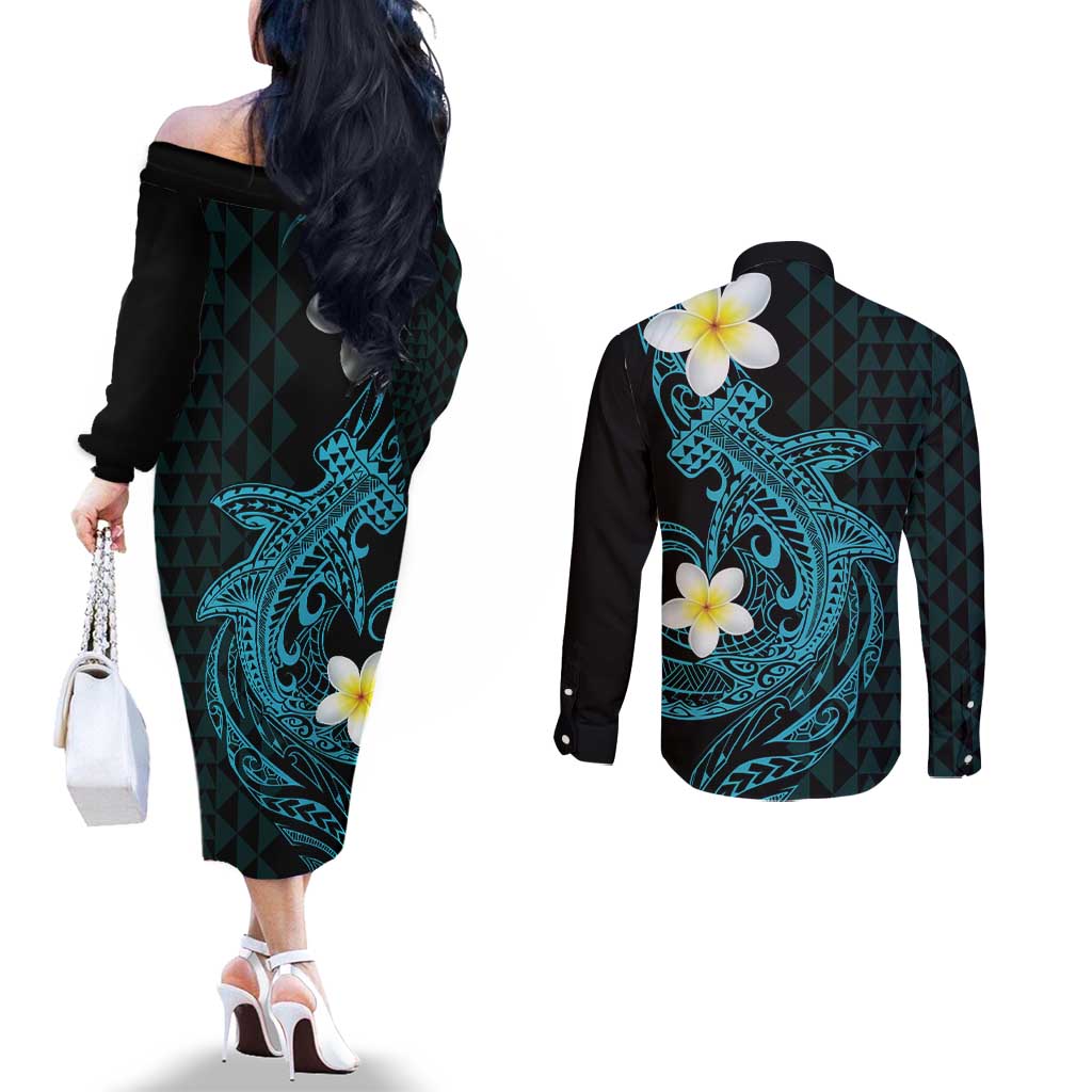 Aloha Hammerhead Shark Couples Matching Off The Shoulder Long Sleeve Dress and Long Sleeve Button Shirt Calypso Hawaiian Kakau Tribal Tattoo