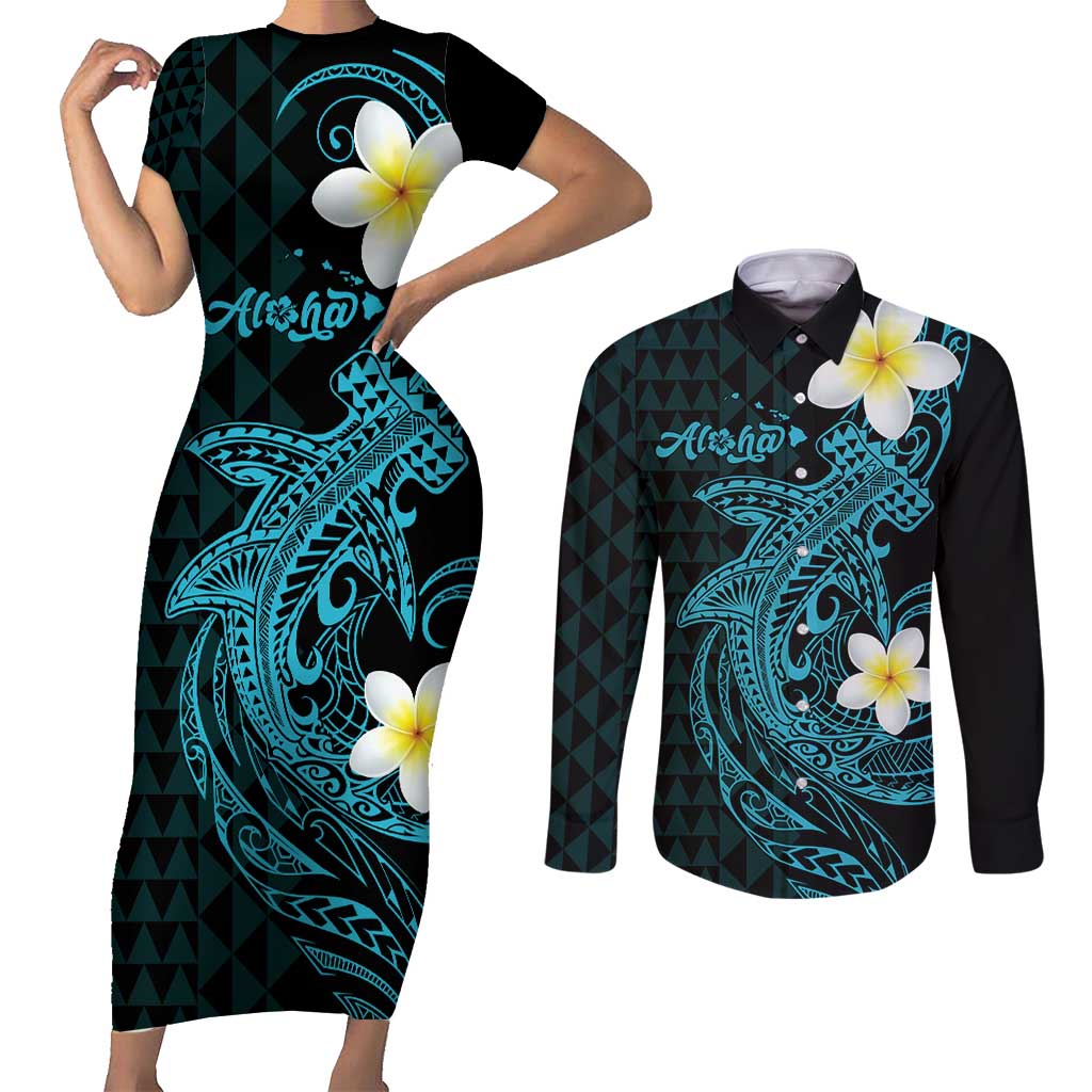 Aloha Hammerhead Shark Couples Matching Short Sleeve Bodycon Dress and Long Sleeve Button Shirt Calypso Hawaiian Kakau Tribal Tattoo LT9 Blue - Polynesian Pride