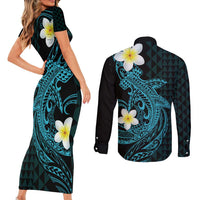 Aloha Hammerhead Shark Couples Matching Short Sleeve Bodycon Dress and Long Sleeve Button Shirt Calypso Hawaiian Kakau Tribal Tattoo LT9 - Polynesian Pride