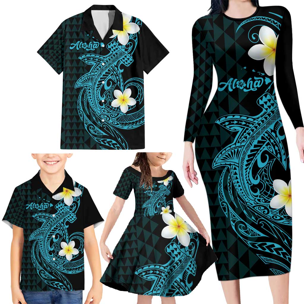 Aloha Hammerhead Shark Family Matching Long Sleeve Bodycon Dress and Hawaiian Shirt Calypso Hawaiian Kakau Tribal Tattoo