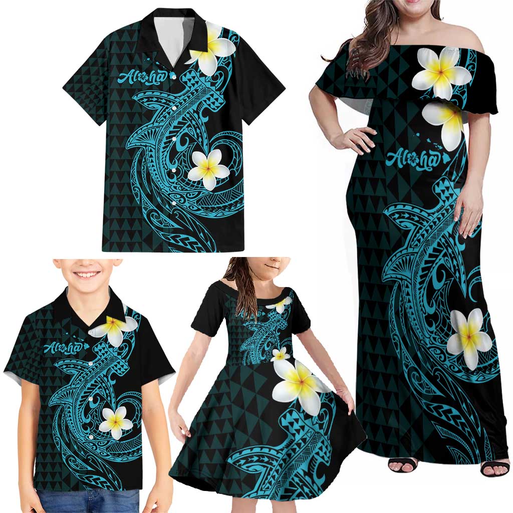 Aloha Hammerhead Shark Family Matching Off Shoulder Maxi Dress and Hawaiian Shirt Calypso Hawaiian Kakau Tribal Tattoo