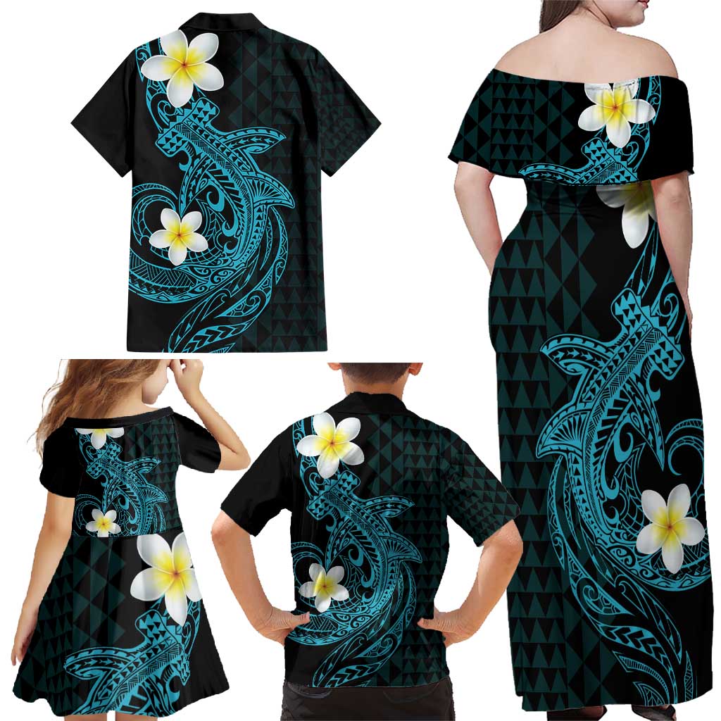 Aloha Hammerhead Shark Family Matching Off Shoulder Maxi Dress and Hawaiian Shirt Calypso Hawaiian Kakau Tribal Tattoo