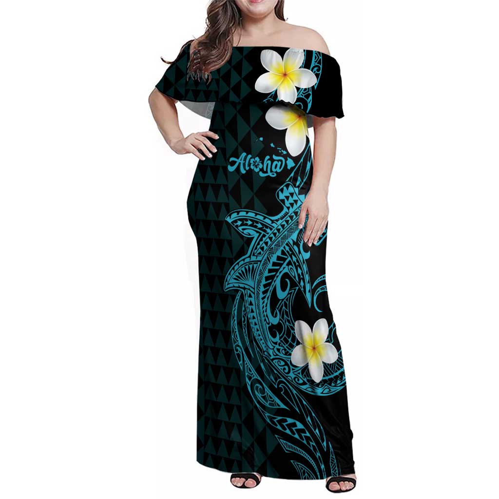 Aloha Hammerhead Shark Family Matching Off Shoulder Maxi Dress and Hawaiian Shirt Calypso Hawaiian Kakau Tribal Tattoo