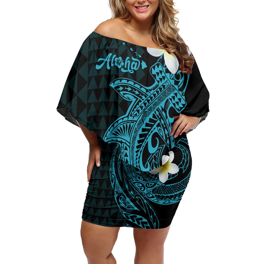 Aloha Hammerhead Shark Family Matching Off Shoulder Short Dress and Hawaiian Shirt Calypso Hawaiian Kakau Tribal Tattoo
