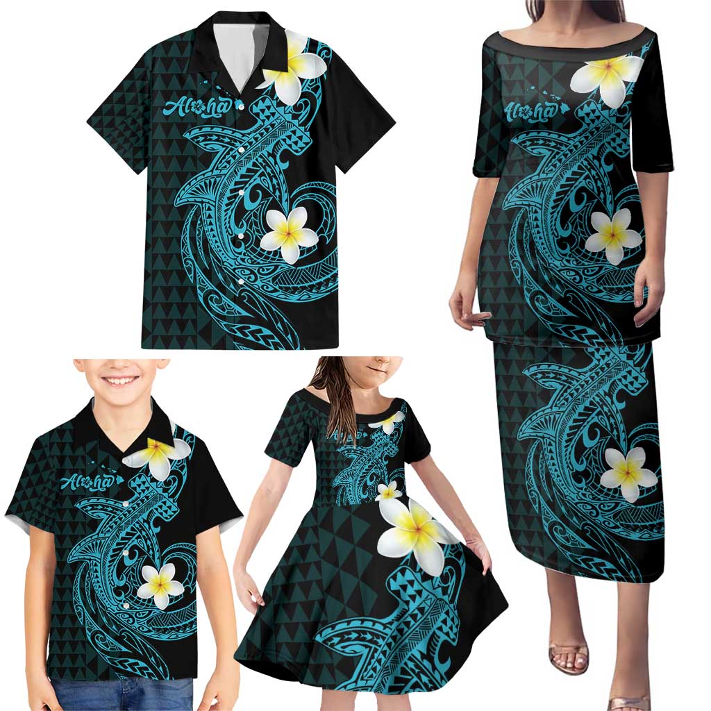 Aloha Hammerhead Shark Family Matching Puletasi and Hawaiian Shirt Calypso Hawaiian Kakau Tribal Tattoo