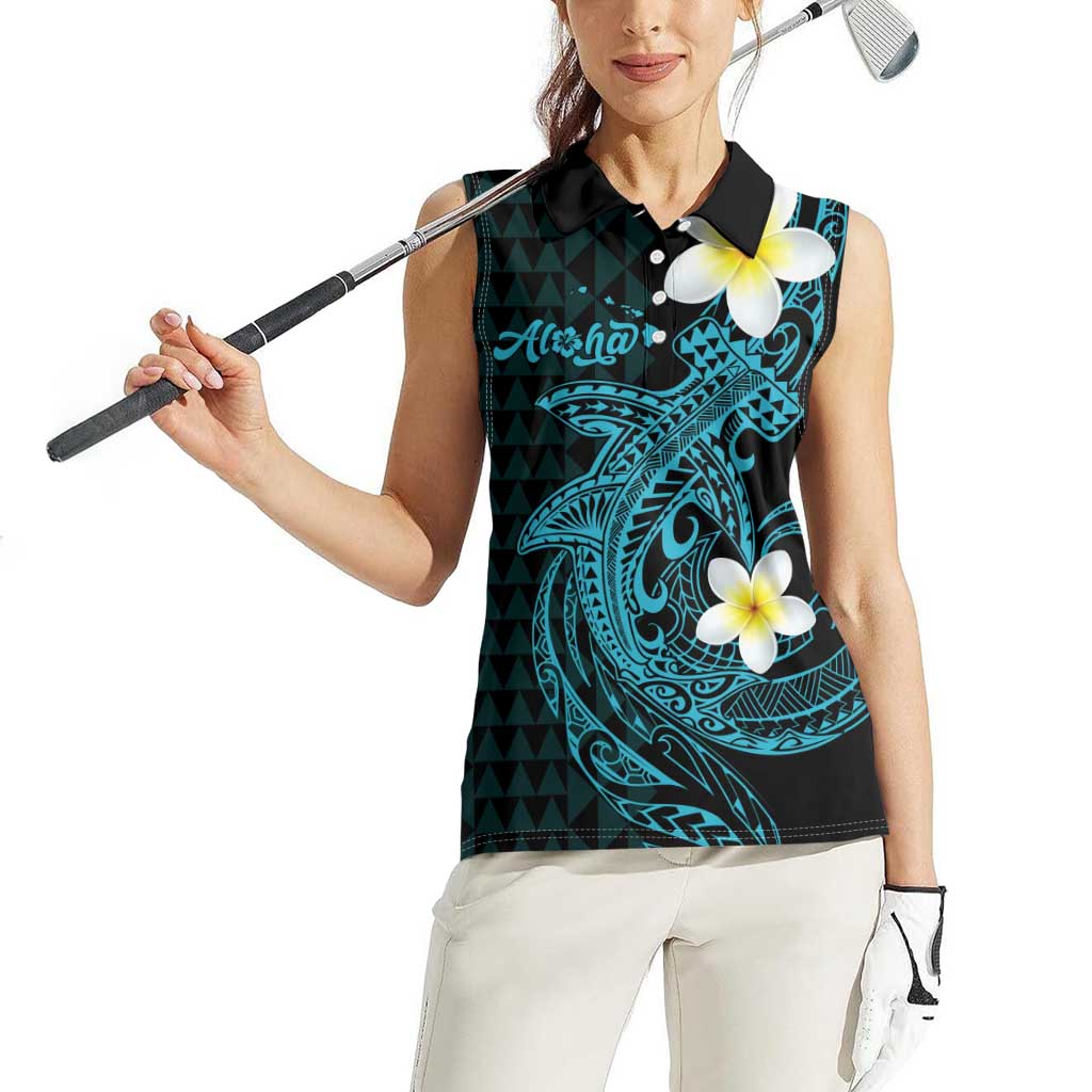Aloha Hammerhead Shark Women Sleeveless Polo Shirt Calypso Hawaiian Kakau Tribal Tattoo