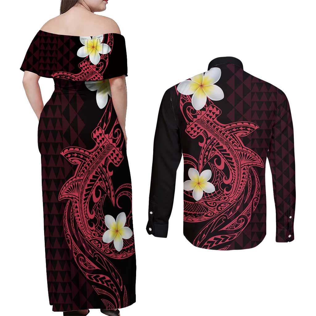 Aloha Hammerhead Shark Couples Matching Off Shoulder Maxi Dress and Long Sleeve Button Shirt Feverish Pink Hawaiian Kakau Tribal Tattoo