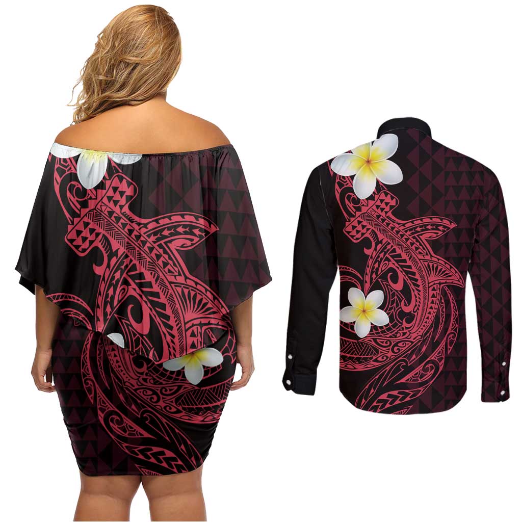 Aloha Hammerhead Shark Couples Matching Off Shoulder Short Dress and Long Sleeve Button Shirt Feverish Pink Hawaiian Kakau Tribal Tattoo