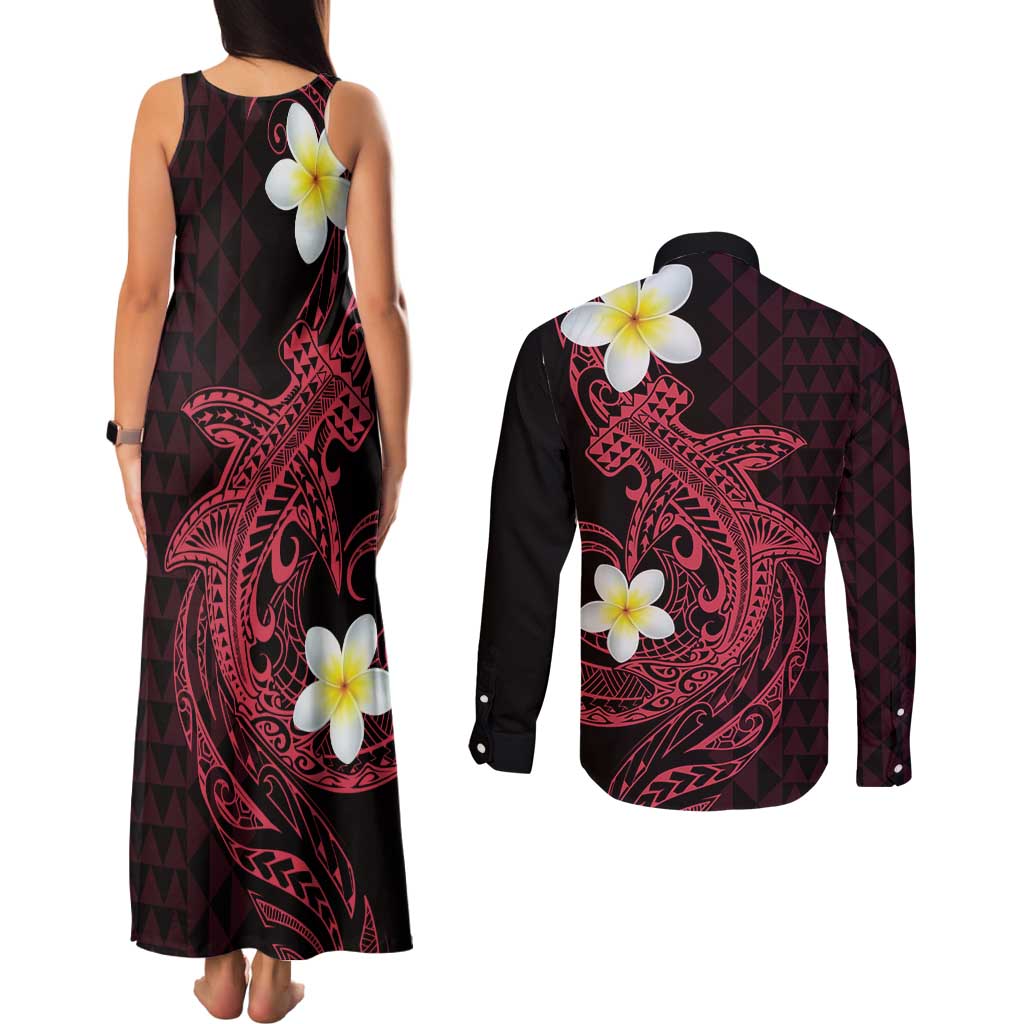 Aloha Hammerhead Shark Couples Matching Tank Maxi Dress and Long Sleeve Button Shirt Feverish Pink Hawaiian Kakau Tribal Tattoo