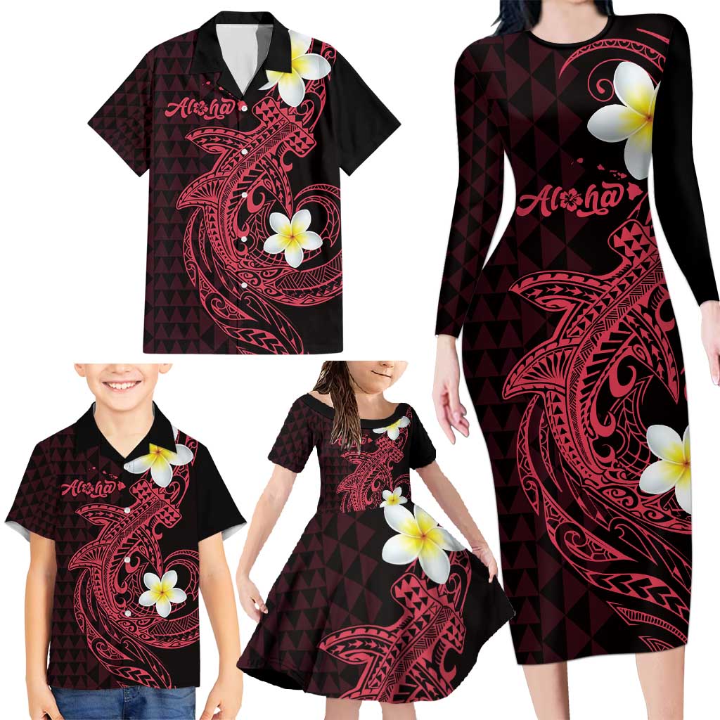 Aloha Hammerhead Shark Family Matching Long Sleeve Bodycon Dress and Hawaiian Shirt Feverish Pink Hawaiian Kakau Tribal Tattoo