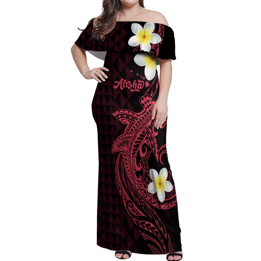 Aloha Hammerhead Shark Off Shoulder Maxi Dress Feverish Pink Hawaiian Kakau Tribal Tattoo