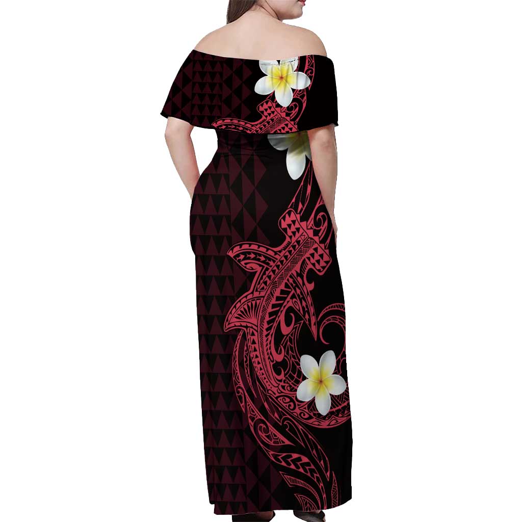 Aloha Hammerhead Shark Off Shoulder Maxi Dress Feverish Pink Hawaiian Kakau Tribal Tattoo