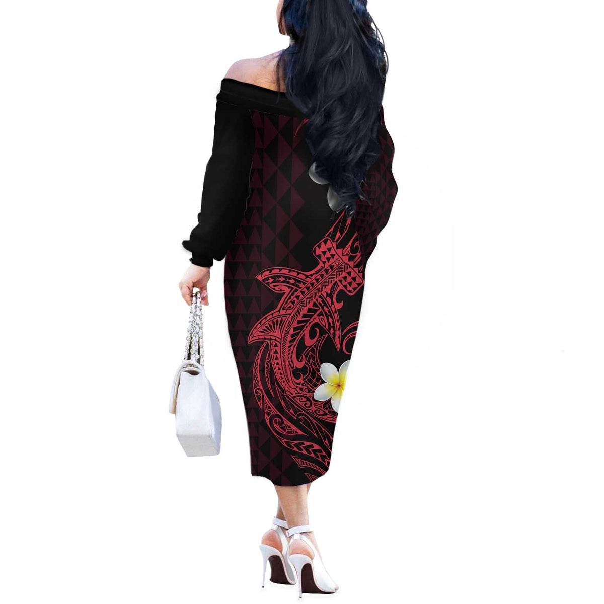 Aloha Hammerhead Shark Off The Shoulder Long Sleeve Dress Feverish Pink Hawaiian Kakau Tribal Tattoo