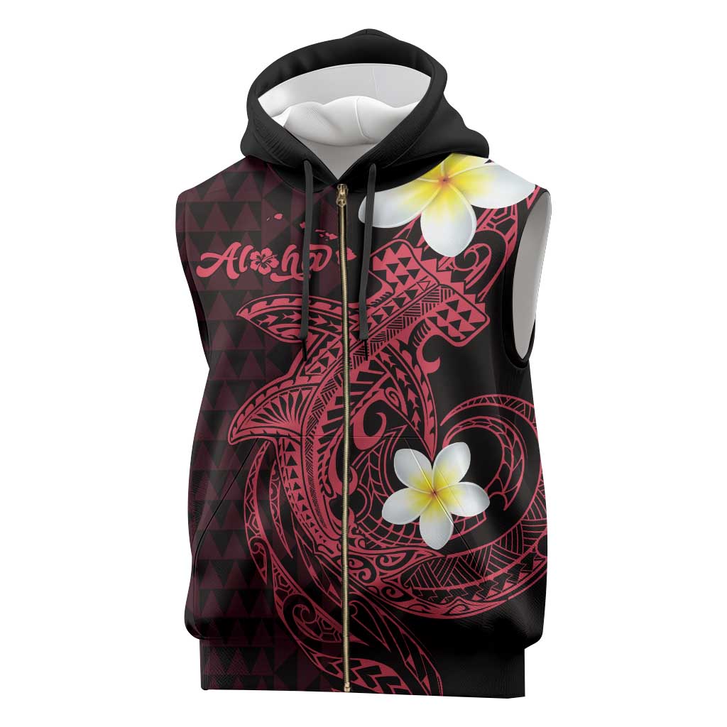 Aloha Hammerhead Shark Sleeveless Zip Hoodie Feverish Pink Hawaiian Kakau Tribal Tattoo - Polynesian Pride
