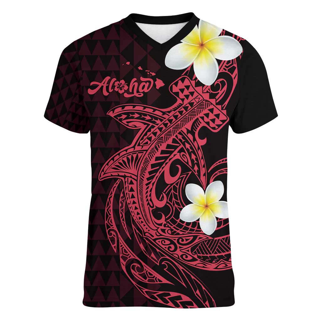 Aloha Hammerhead Shark Women V-Neck T-Shirt Feverish Pink Hawaiian Kakau Tribal Tattoo