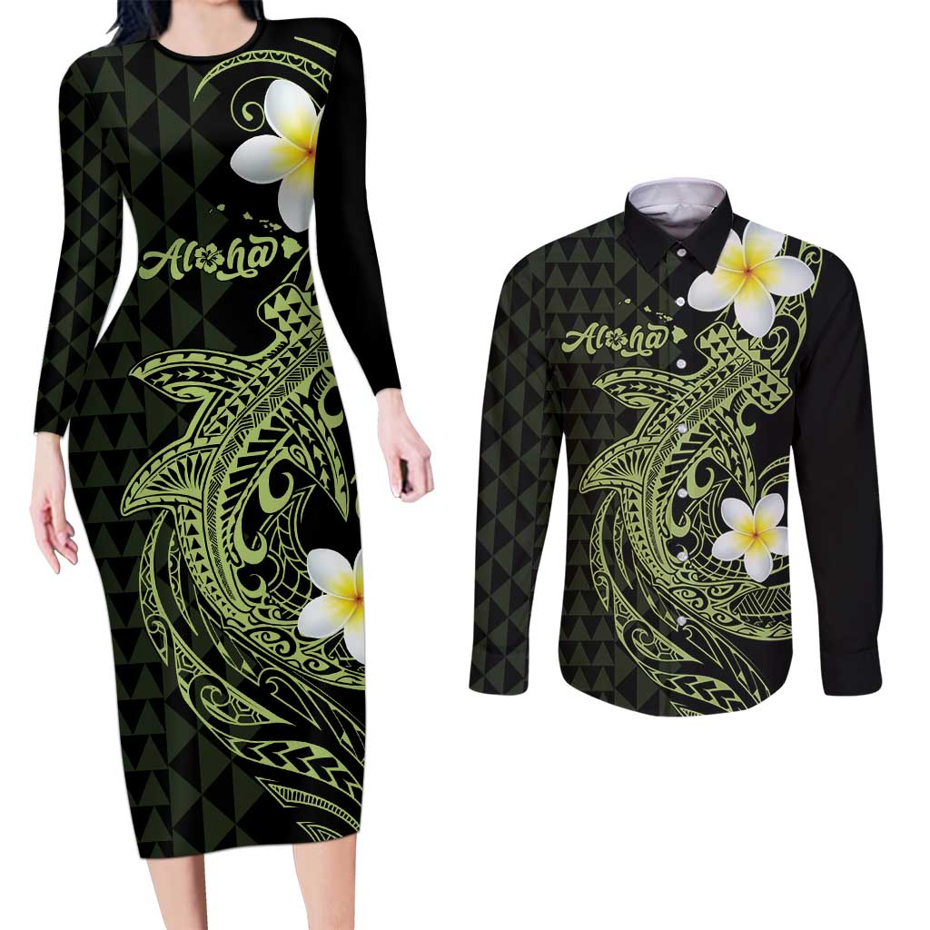 Aloha Hammerhead Shark Couples Matching Long Sleeve Bodycon Dress and Long Sleeve Button Shirt Lime Rickey Hawaiian Kakau Tribal Tattoo