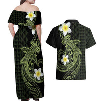 Aloha Hammerhead Shark Couples Matching Off Shoulder Maxi Dress and Hawaiian Shirt Lime Rickey Hawaiian Kakau Tribal Tattoo