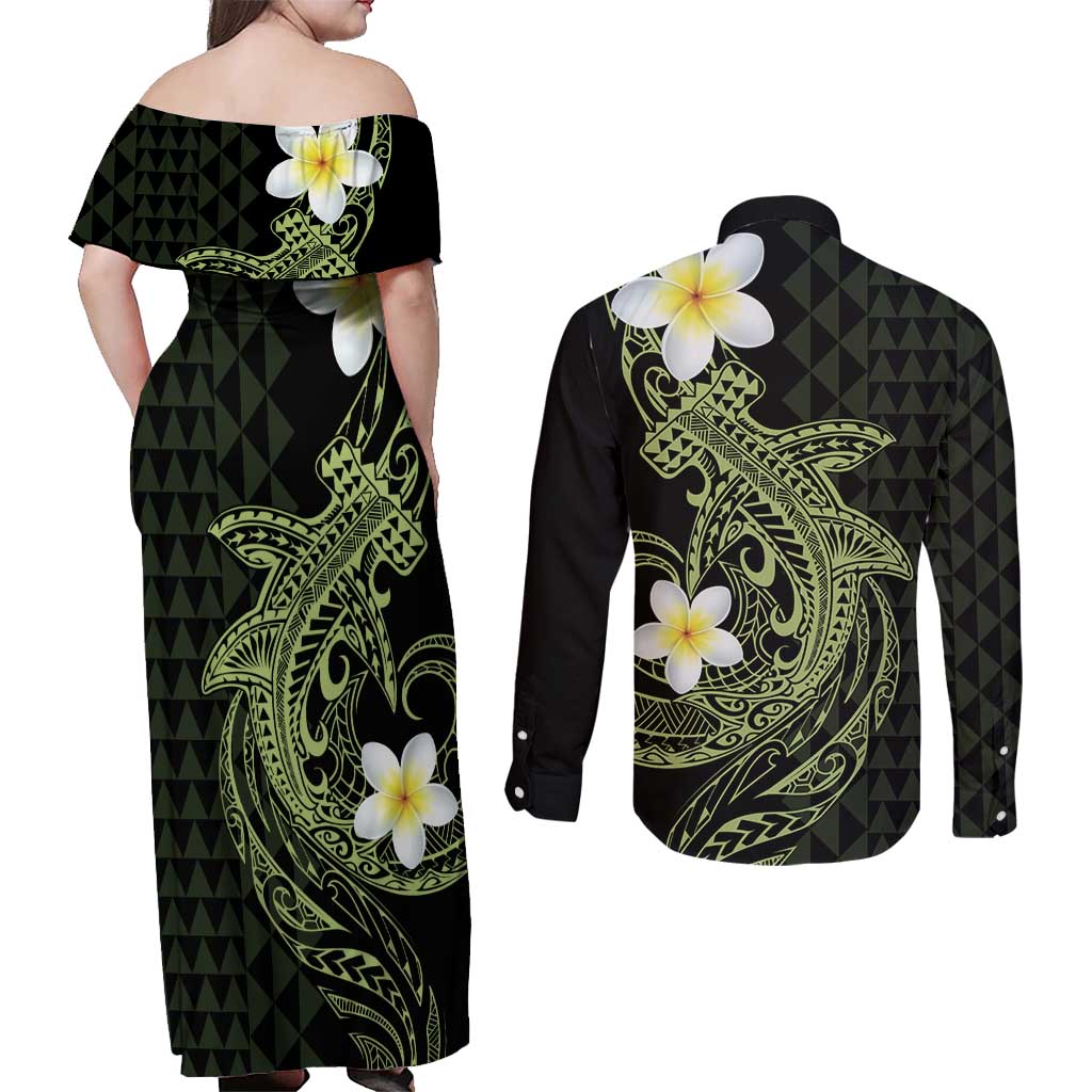 Aloha Hammerhead Shark Couples Matching Off Shoulder Maxi Dress and Long Sleeve Button Shirt Lime Rickey Hawaiian Kakau Tribal Tattoo