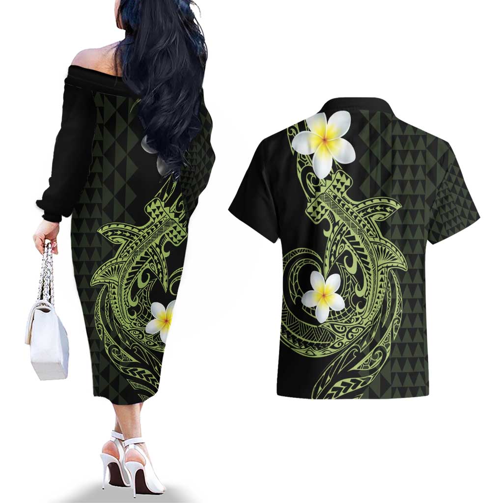 Aloha Hammerhead Shark Couples Matching Off The Shoulder Long Sleeve Dress and Hawaiian Shirt Lime Rickey Hawaiian Kakau Tribal Tattoo