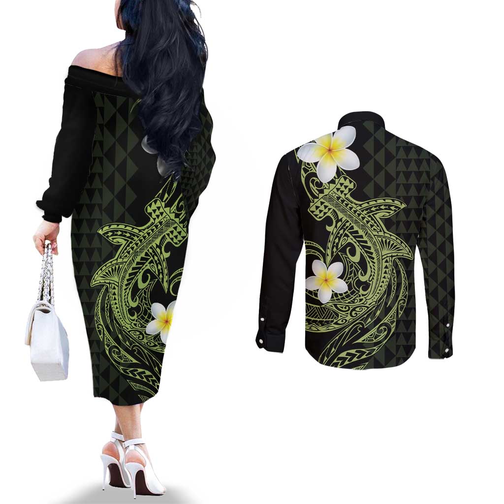 Aloha Hammerhead Shark Couples Matching Off The Shoulder Long Sleeve Dress and Long Sleeve Button Shirt Lime Rickey Hawaiian Kakau Tribal Tattoo
