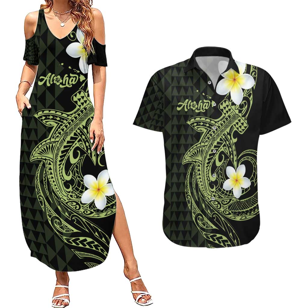 Aloha Hammerhead Shark Couples Matching Summer Maxi Dress and Hawaiian Shirt Lime Rickey Hawaiian Kakau Tribal Tattoo