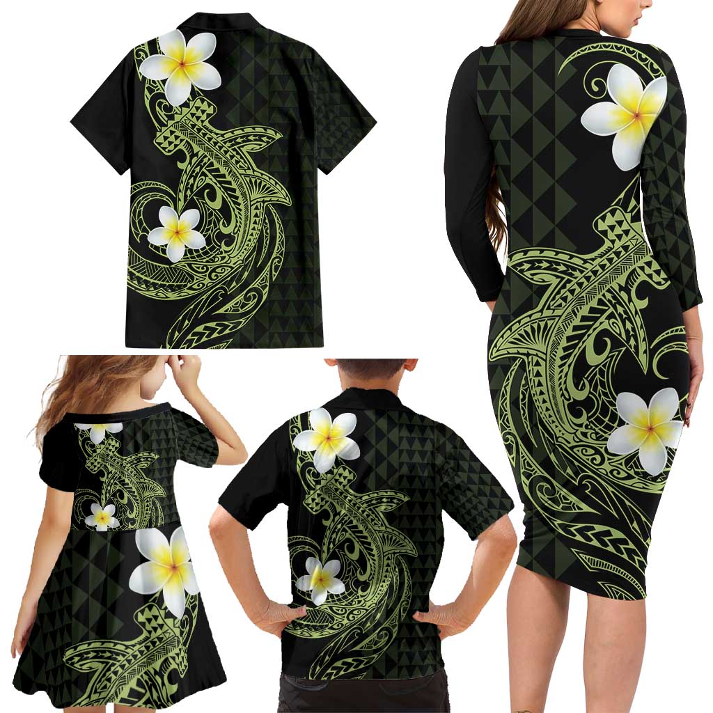 Aloha Hammerhead Shark Family Matching Long Sleeve Bodycon Dress and Hawaiian Shirt Lime Rickey Hawaiian Kakau Tribal Tattoo