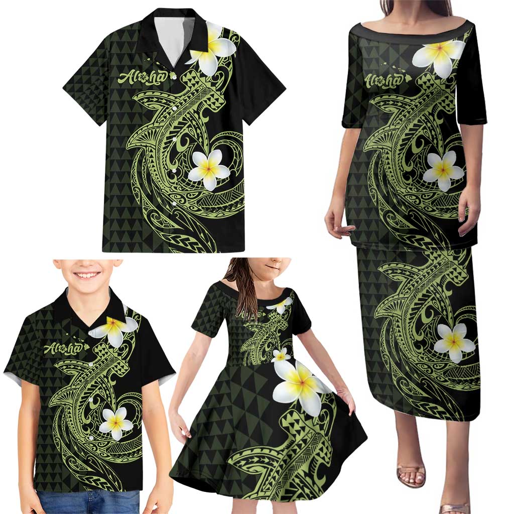 Aloha Hammerhead Shark Family Matching Puletasi and Hawaiian Shirt Lime Rickey Hawaiian Kakau Tribal Tattoo