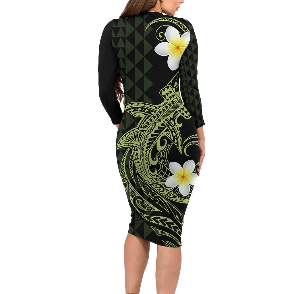 Aloha Hammerhead Shark Long Sleeve Bodycon Dress Lime Rickey Hawaiian Kakau Tribal Tattoo