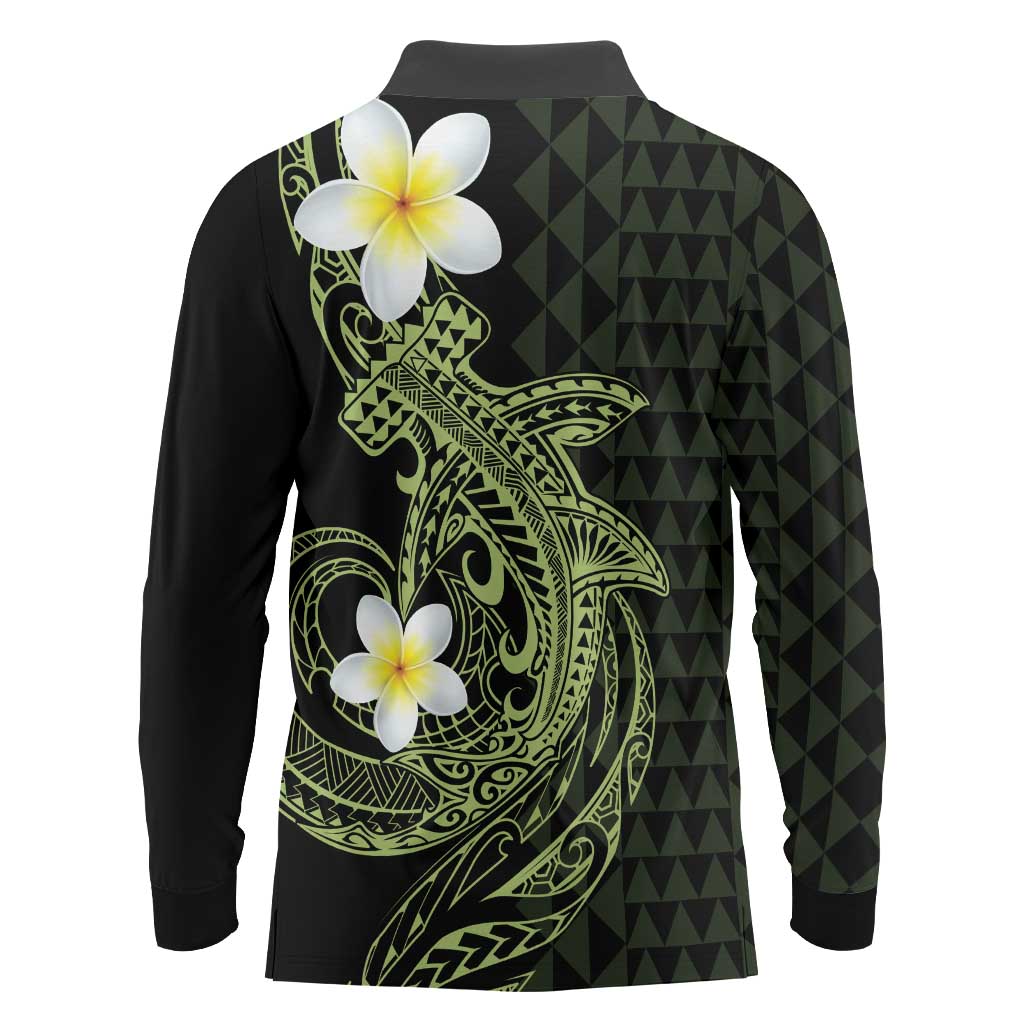 Aloha Hammerhead Shark Long Sleeve Polo Shirt Lime Rickey Hawaiian Kakau Tribal Tattoo