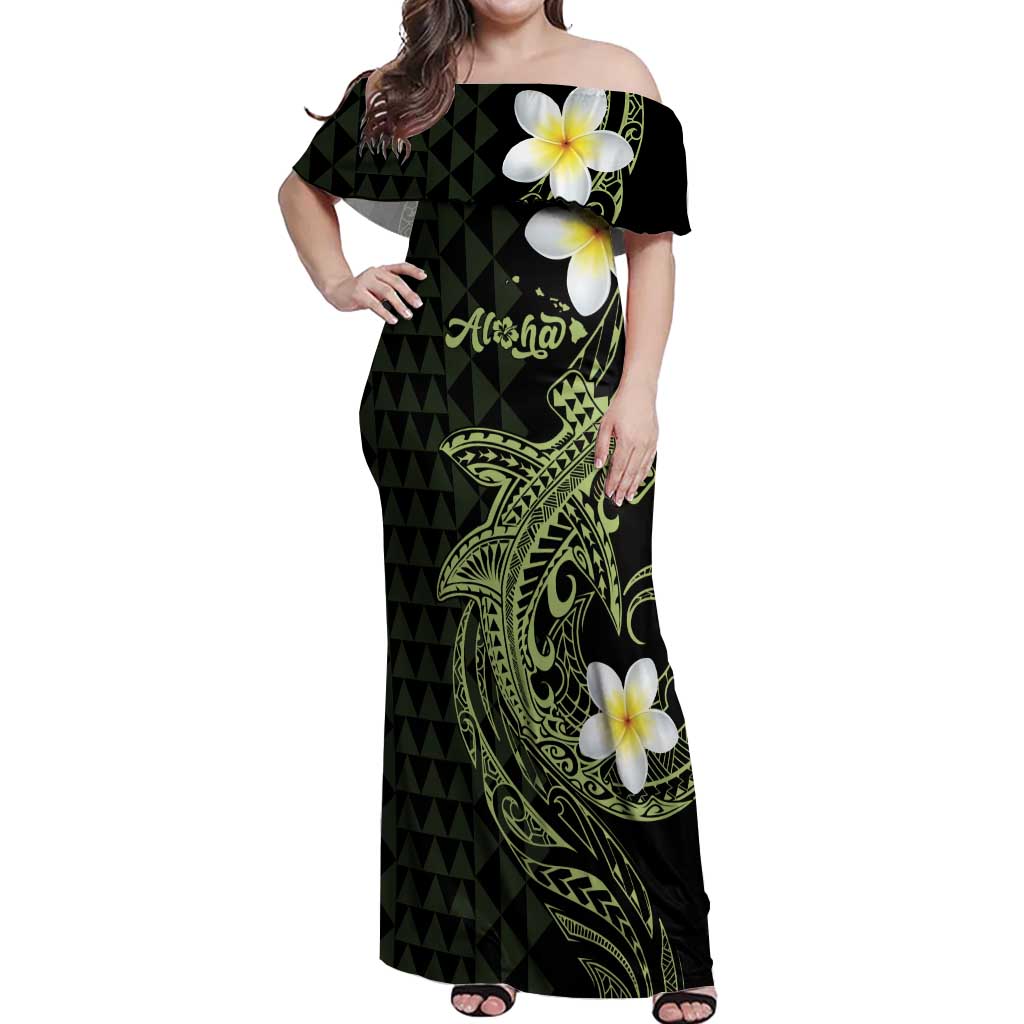 Aloha Hammerhead Shark Off Shoulder Maxi Dress Lime Rickey Hawaiian Kakau Tribal Tattoo