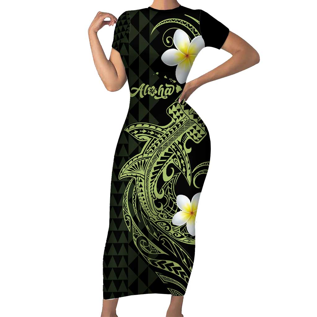 Aloha Hammerhead Shark Short Sleeve Bodycon Dress Lime Rickey Hawaiian Kakau Tribal Tattoo