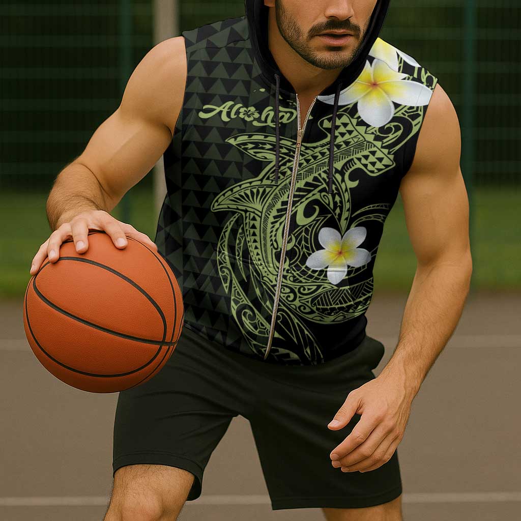 Aloha Hammerhead Shark Sleeveless Zip Hoodie Lime Rickey Hawaiian Kakau Tribal Tattoo - Polynesian Pride