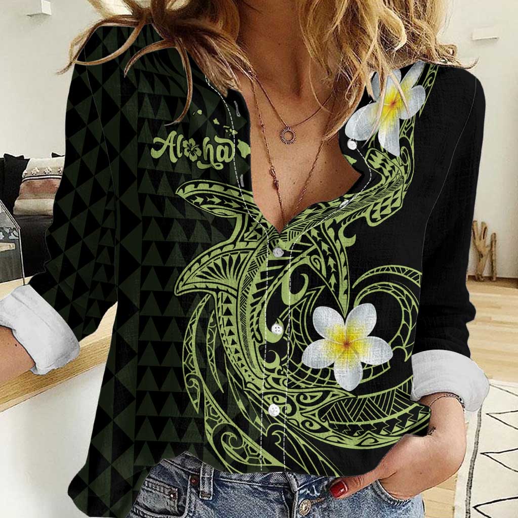 Aloha Hammerhead Shark Women Casual Shirt Lime Rickey Hawaiian Kakau Tribal Tattoo