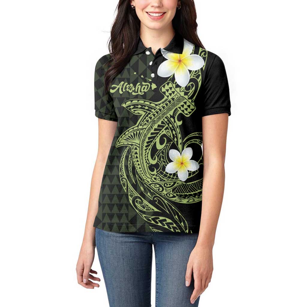 Aloha Hammerhead Shark Women Polo Shirt Lime Rickey Hawaiian Kakau Tribal Tattoo