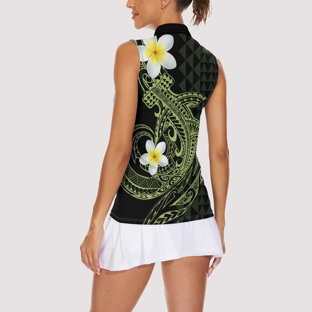 Aloha Hammerhead Shark Women Sleeveless Polo Shirt Lime Rickey Hawaiian Kakau Tribal Tattoo