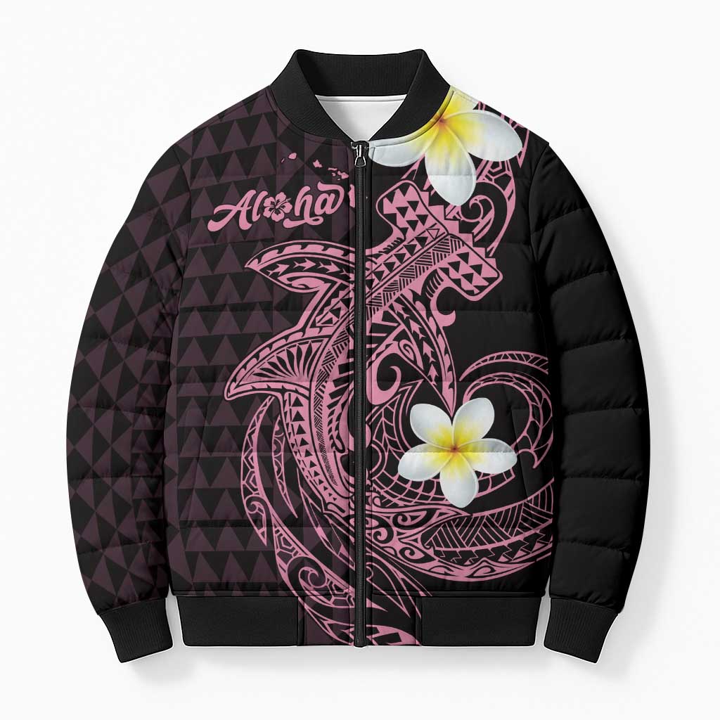 Aloha Hammerhead Shark Bomber Puffer Jacket Vivacious Pink Hawaiian Kakau Tribal Tattoo LT9 Unisex Pink - Polynesian Pride