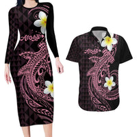 Aloha Hammerhead Shark Couples Matching Long Sleeve Bodycon Dress and Hawaiian Shirt Vivacious Pink Hawaiian Kakau Tribal Tattoo