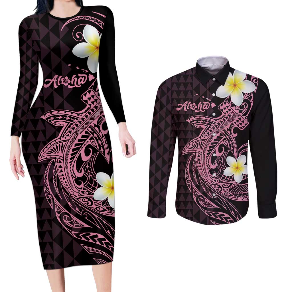 Aloha Hammerhead Shark Couples Matching Long Sleeve Bodycon Dress and Long Sleeve Button Shirt Vivacious Pink Hawaiian Kakau Tribal Tattoo