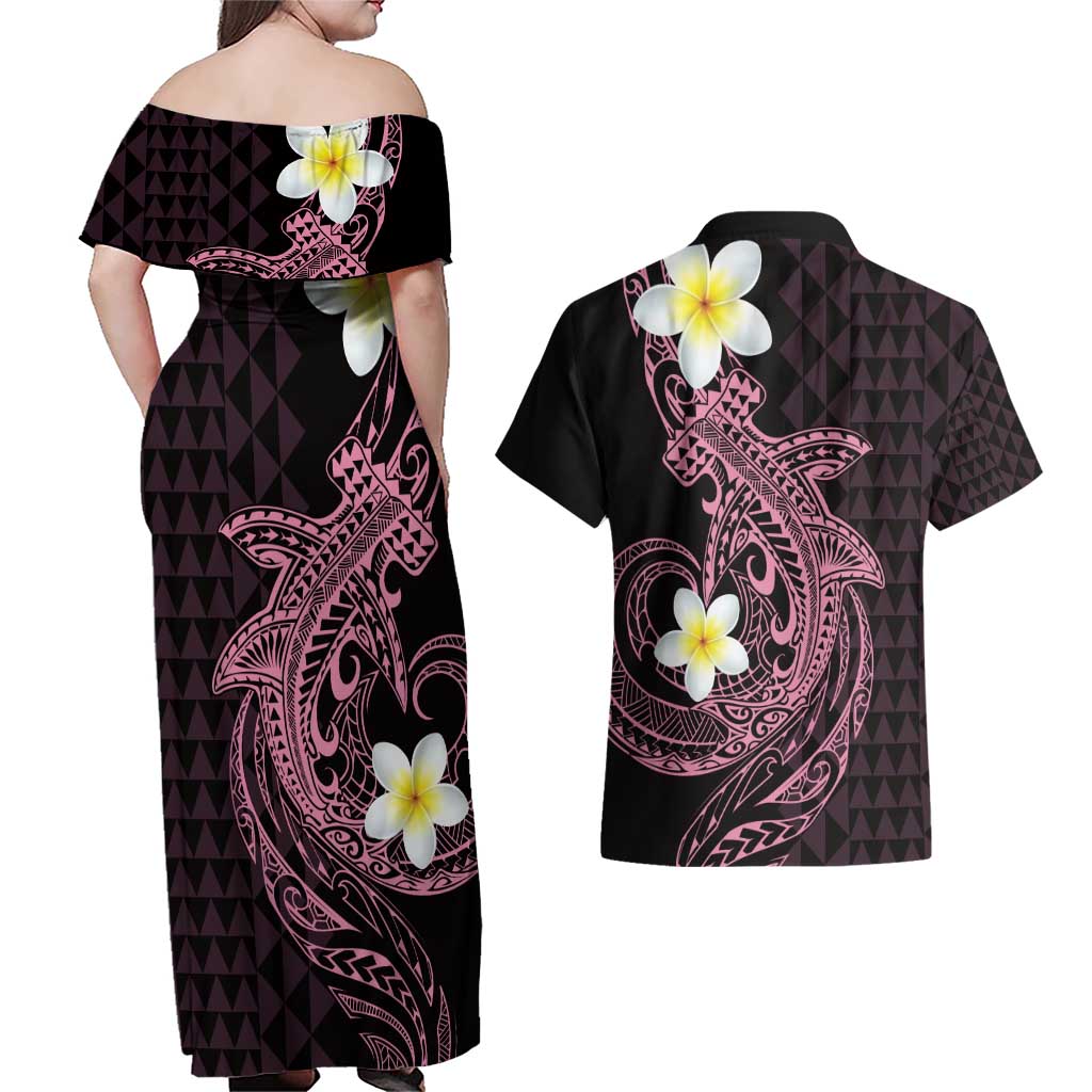 Aloha Hammerhead Shark Couples Matching Off Shoulder Maxi Dress and Hawaiian Shirt Vivacious Pink Hawaiian Kakau Tribal Tattoo