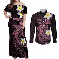 Aloha Hammerhead Shark Couples Matching Off Shoulder Maxi Dress and Long Sleeve Button Shirt Vivacious Pink Hawaiian Kakau Tribal Tattoo